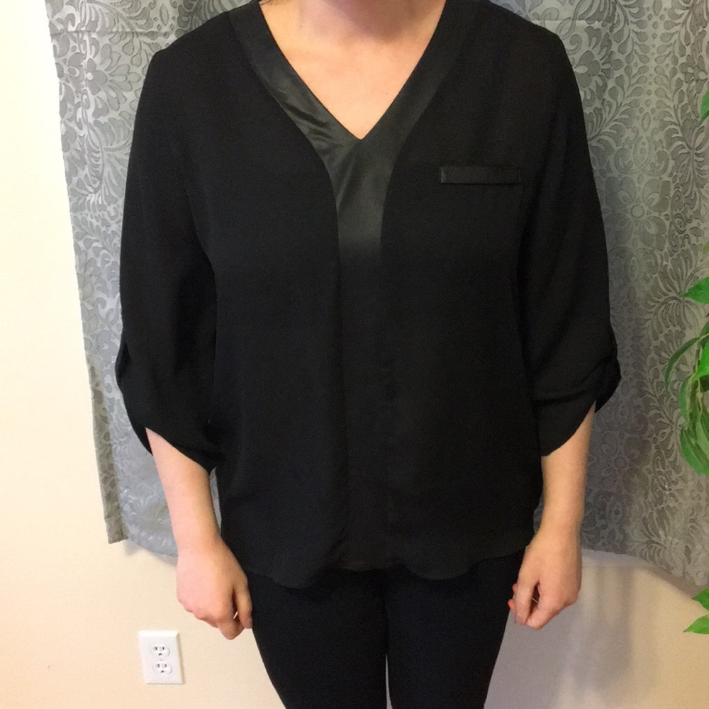 Zenobia Black sheer top with faux leather trim